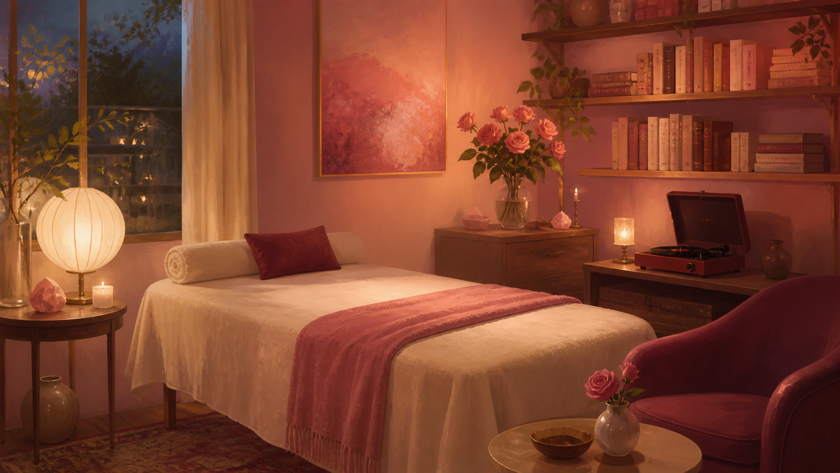 Cabinet de Reiki chaleureux dans des tonalités roses et crème