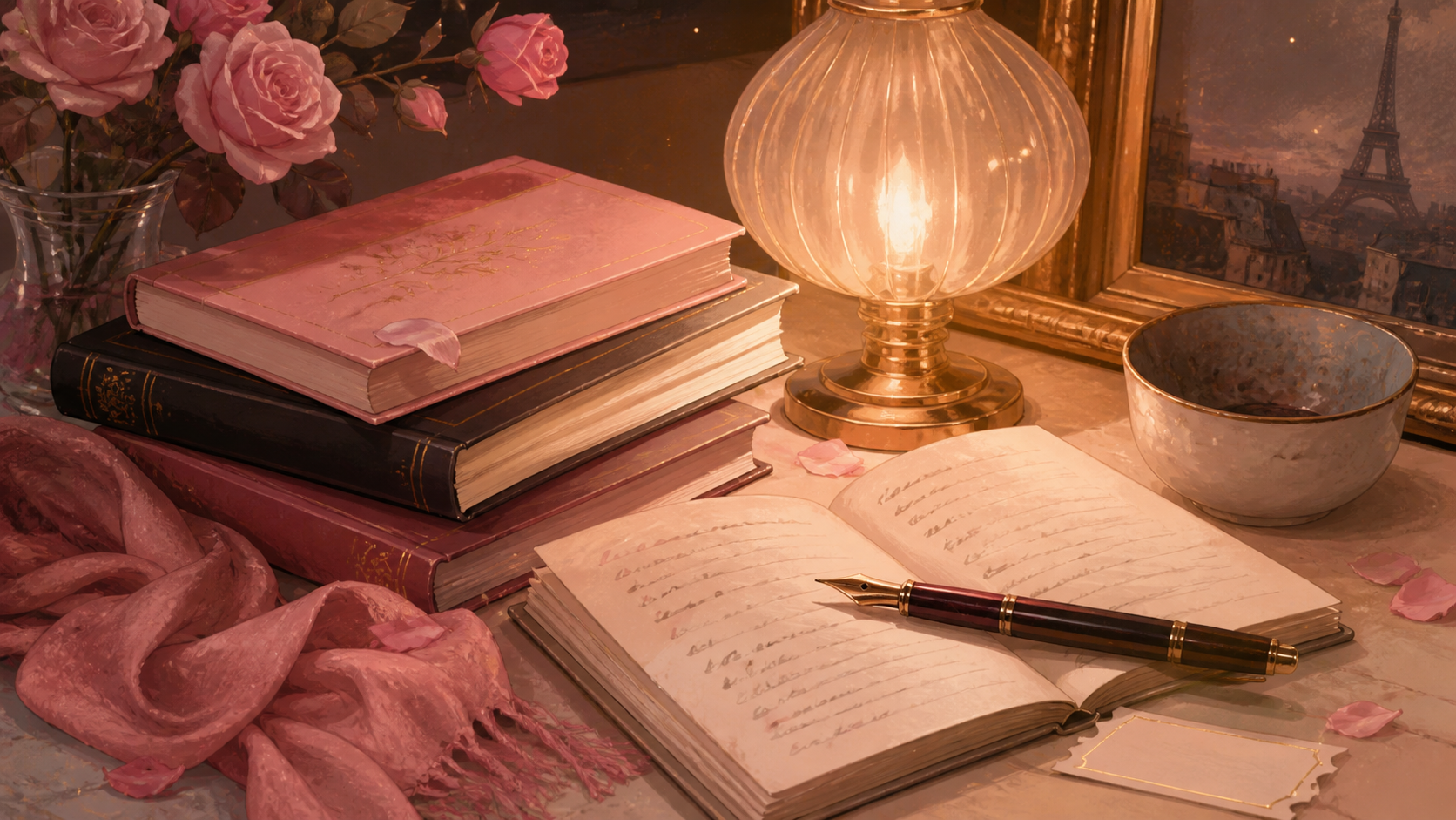 Livres, plume, roses et lumière chaude dans l’univers Rose Bonbon